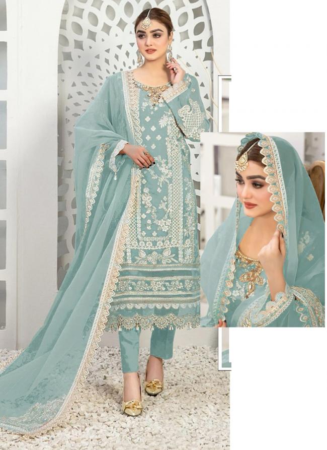 Organza Sky Blue Eid Wear Embroidery Work Pakistani Suit